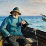 En Skagensfisker siddende i en jolle, Michael Ancher (WikiCommons PD since copyright expired)